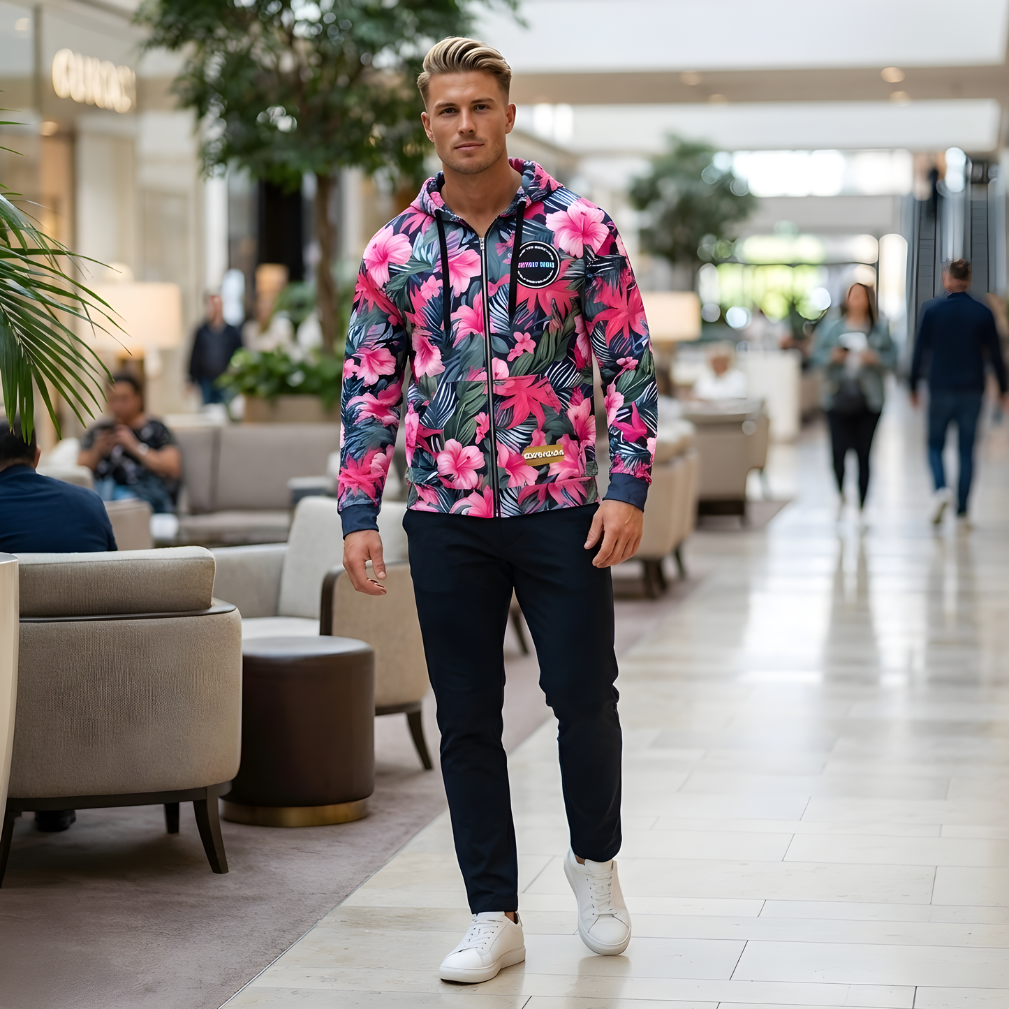 VIBRANT REBEL Tropical floral streetwear zip hoodie, vibrant all-over print, eye-catching design, standout fashion | Trendy design