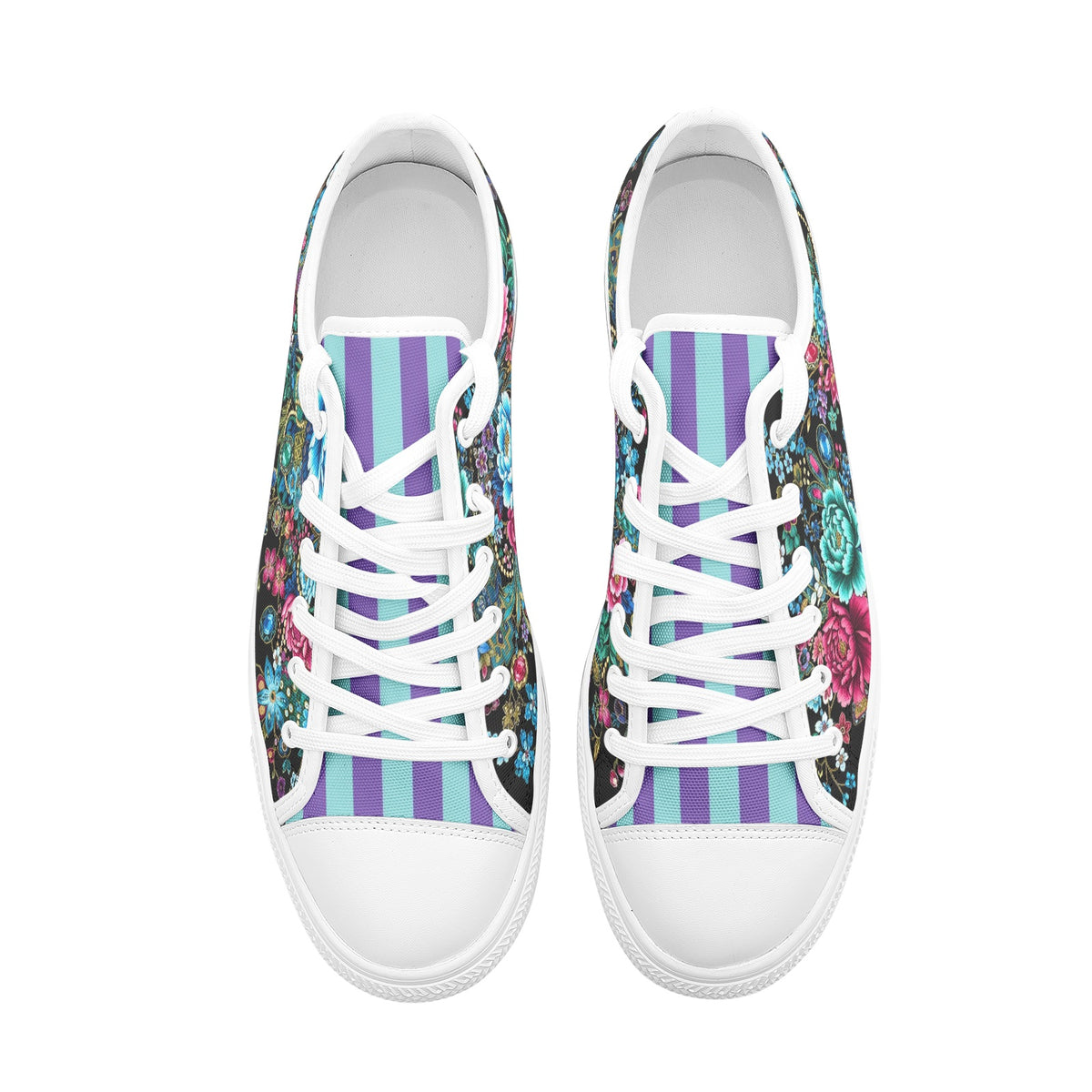 Colorful floral canvas sneakers with turquoise, pink, and blue botanical print and pastel striped tongue for men and women
