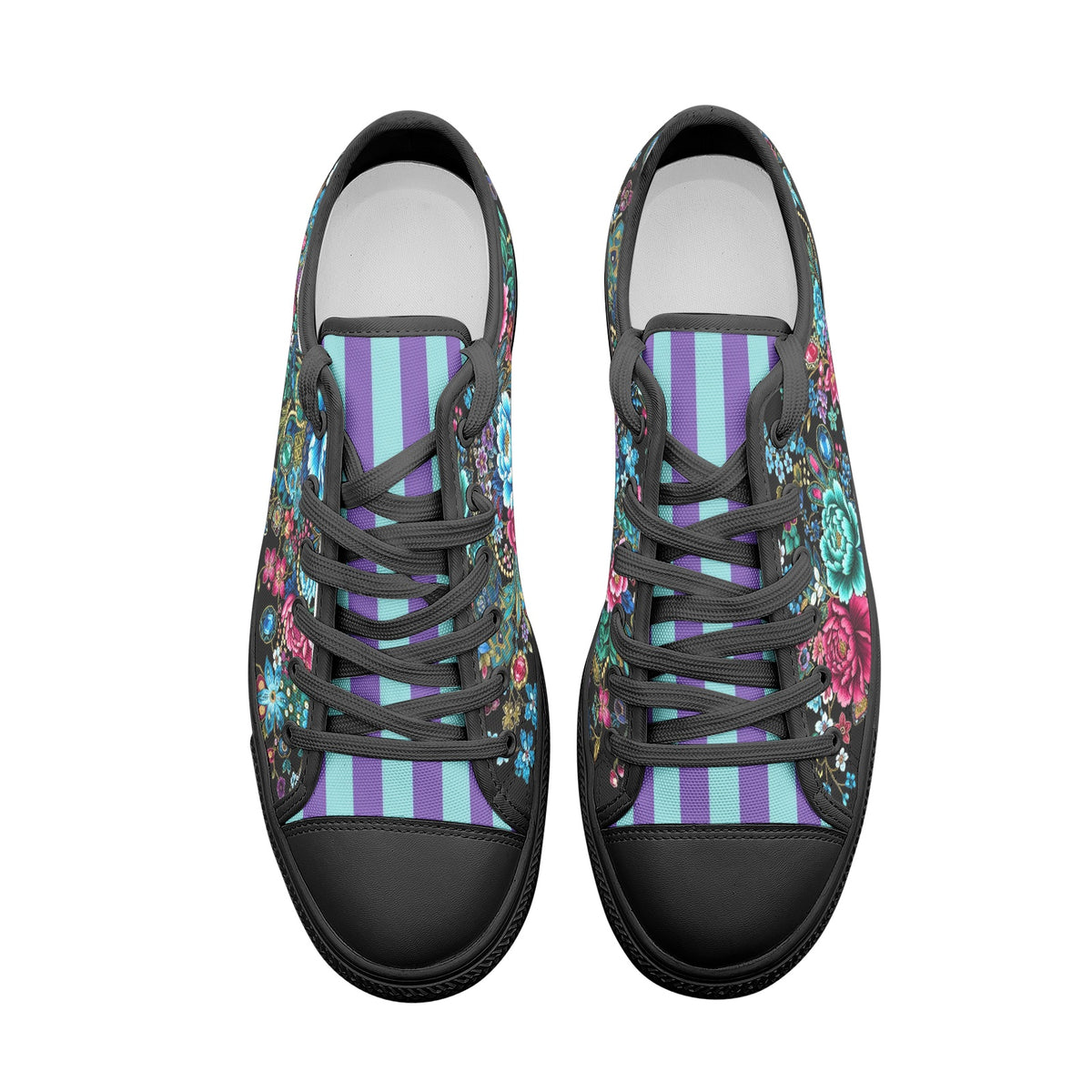 Colorful floral canvas sneakers with turquoise, pink, and blue botanical print and pastel striped tongue for men and women