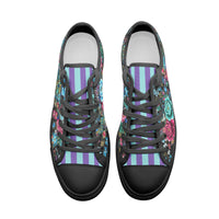 Colorful floral canvas sneakers with turquoise, pink, and blue botanical print and pastel striped tongue for men and women