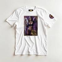 Justice Angel unisex T-shirt featuring a blonde female winged angel with sword and scales in a detailed bold graphic design