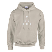 Heavenly Techno Angels unisex streetwear hoodie featuring cloud DJ girls graphic with techno rave theme and “we are spinning techno up here” design