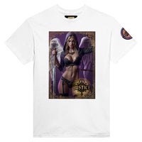 Justice Angel unisex T-shirt featuring a blonde female winged angel with sword and scales in a detailed bold graphic design