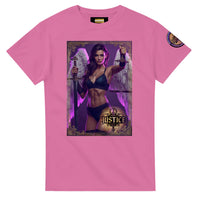 Justice Angel unisex T-shirt featuring a brunette female winged angel with sword and scales in a detailed bold graphic design