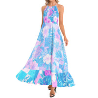 Women's French Riviera floral halter neck maxi dress in turquoise, lilac and soft pink, perfect for summer holidays