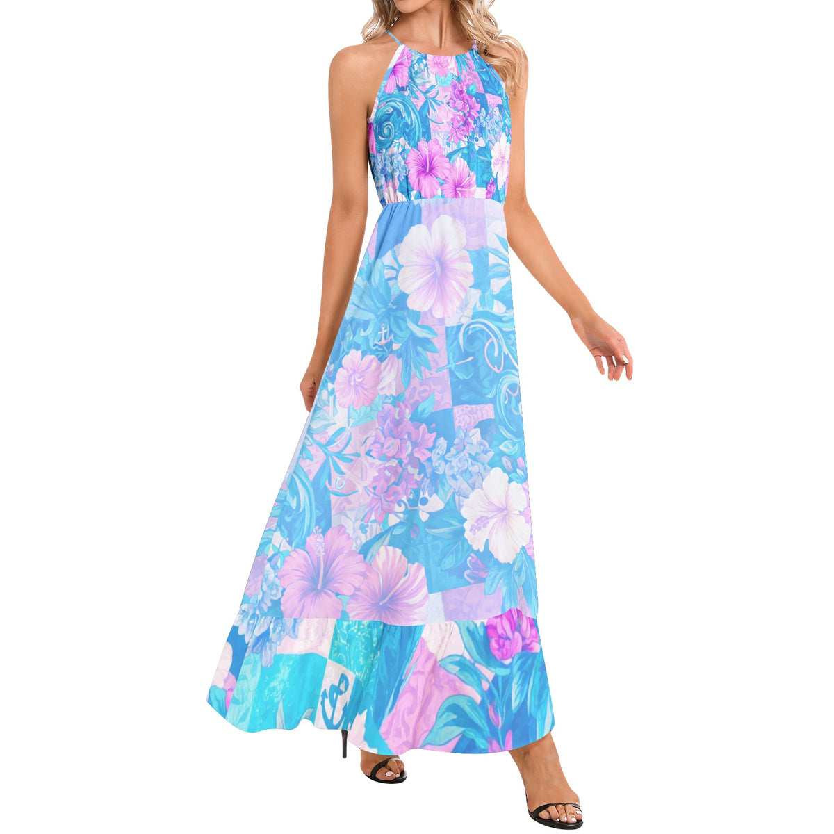 Women's French Riviera floral halter neck maxi dress in turquoise, lilac and soft pink, perfect for summer holidays
