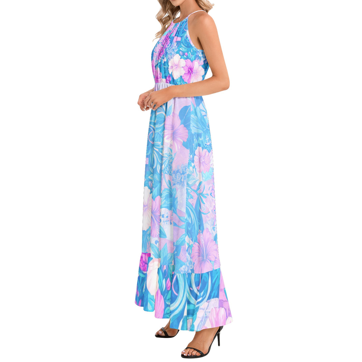 Women's French Riviera floral halter neck maxi dress in turquoise, lilac and soft pink, perfect for summer holidays