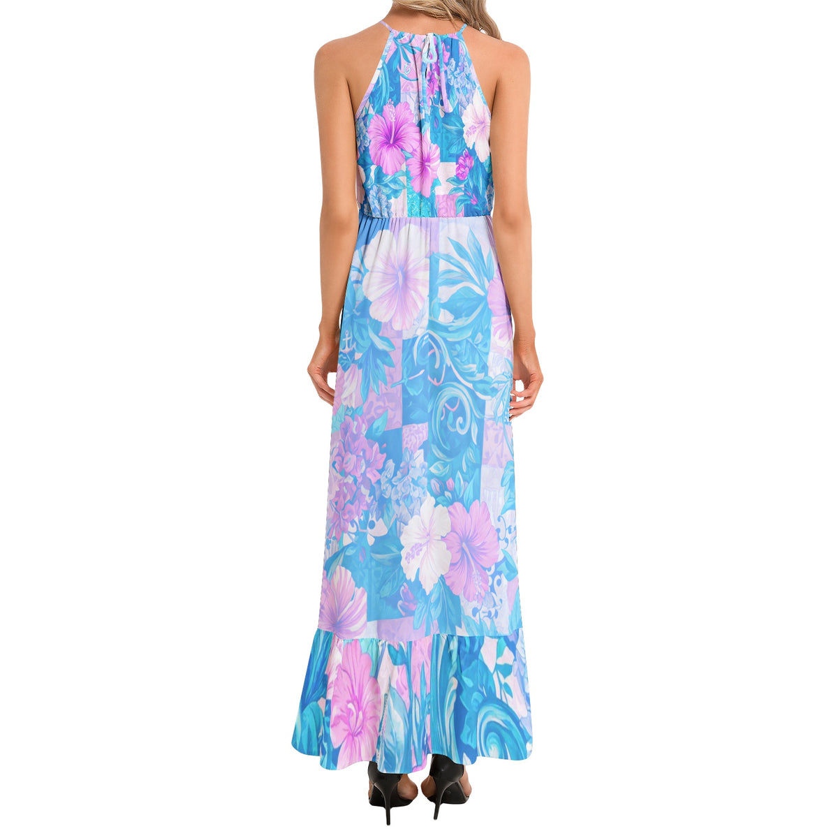 Women's French Riviera floral halter neck maxi dress in turquoise, lilac and soft pink, perfect for summer holidays