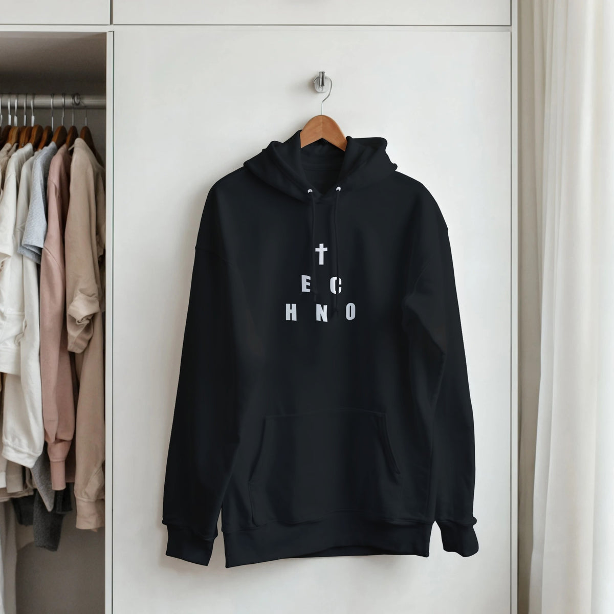 Heavenly Techno Angels unisex streetwear hoodie featuring cloud DJ girls graphic with techno rave theme and “we are spinning techno up here” design