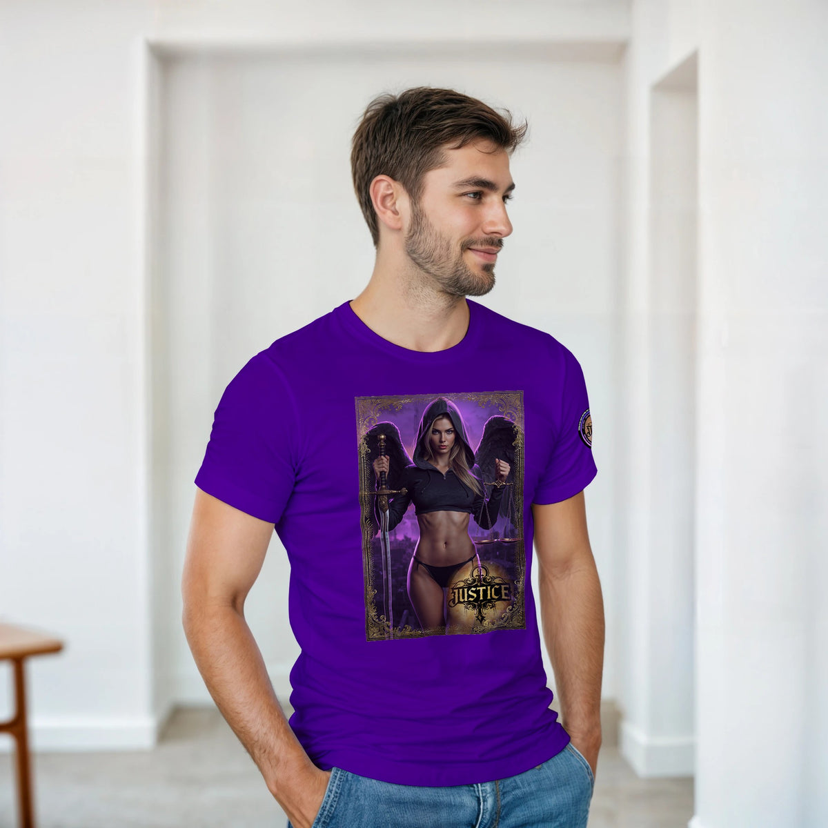 Justice Angel unisex T-shirt featuring a blonde female winged angel with sword and scales in a detailed bold graphic design
