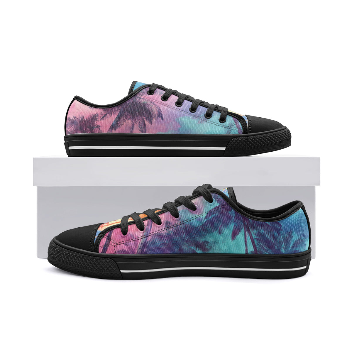 Unisex tropical canvas shoes with palm tree silhouette design and colorful California-inspired sunset gradient