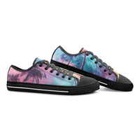 Unisex tropical canvas shoes with palm tree silhouette design and colorful California-inspired sunset gradient