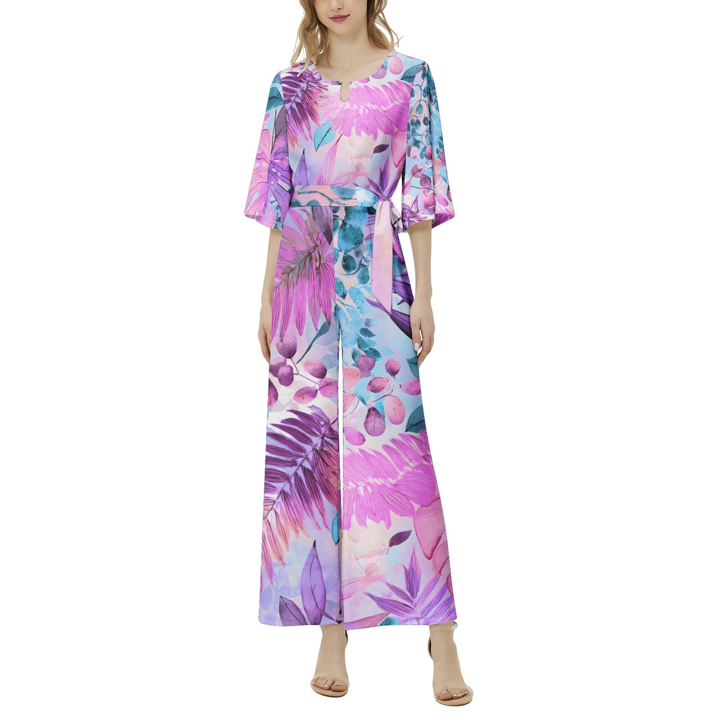 Vibrant Tropical Chic Jumpsuit – Bold Color Block & Botanical Print | Wide Leg, Relaxed Fit | Retro-Inspired Summer Style