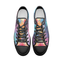 Unisex tropical canvas shoes with palm tree silhouette design and colorful California-inspired sunset gradient