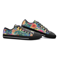 ENVERA St. Tropez floral sneakers featuring vibrant flowers, teal swirls, and purple and lime striped tongue