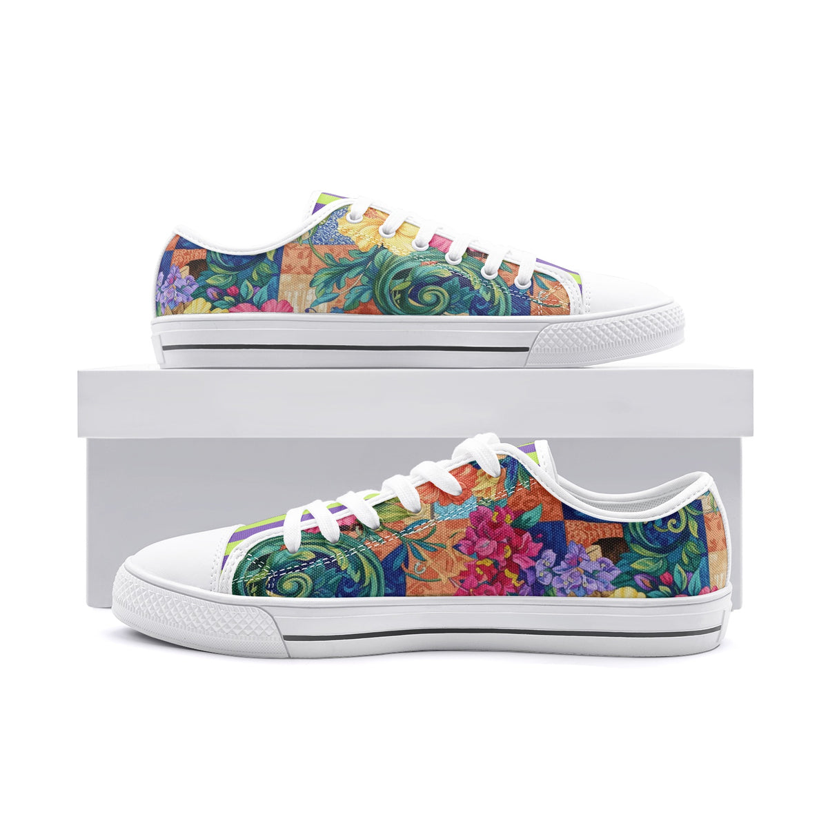 ENVERA St. Tropez floral sneakers featuring vibrant flowers, teal swirls, and purple and lime striped tongue