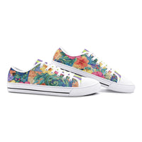 ENVERA St. Tropez floral sneakers featuring vibrant flowers, teal swirls, and purple and lime striped tongue