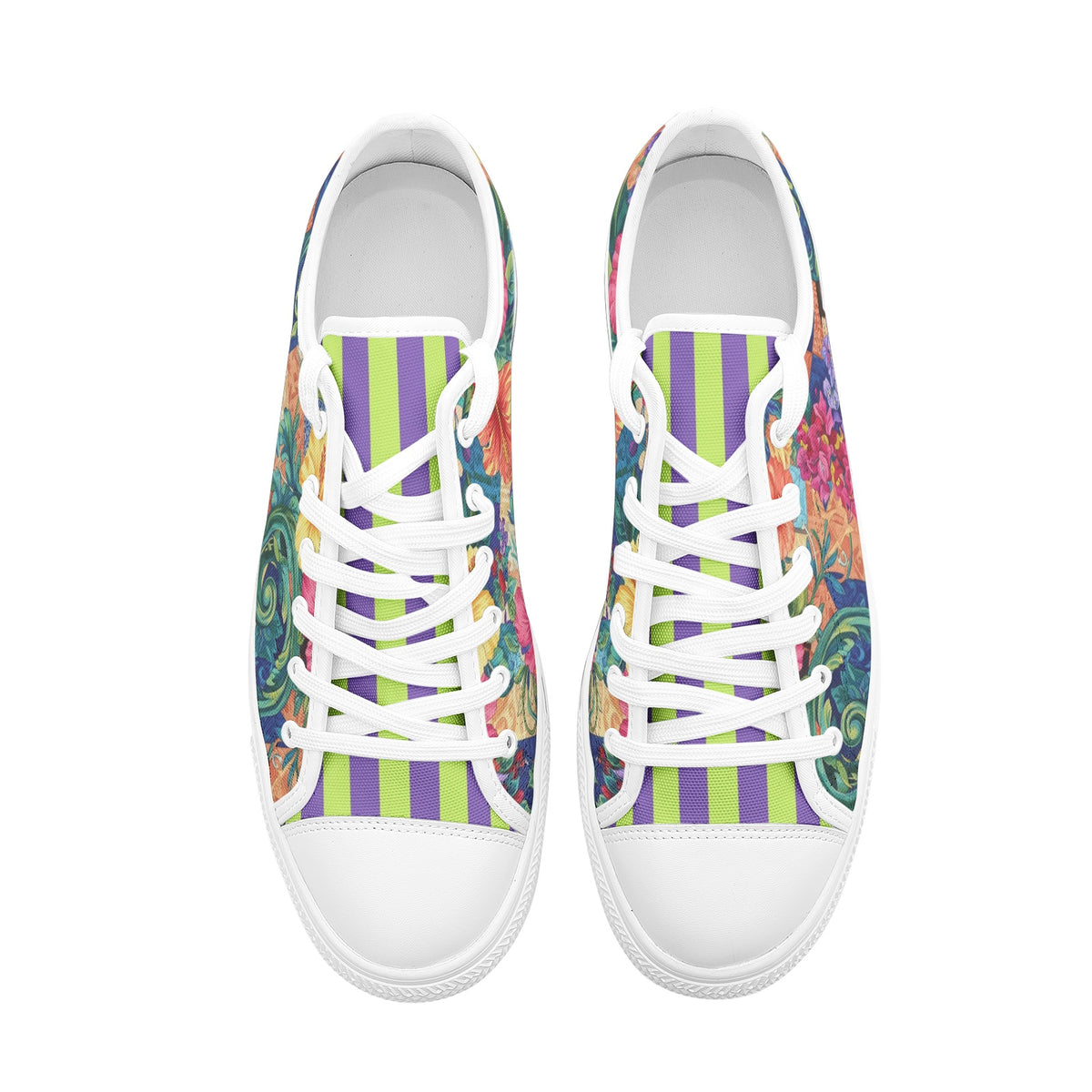 ENVERA St. Tropez floral sneakers featuring vibrant flowers, teal swirls, and purple and lime striped tongue