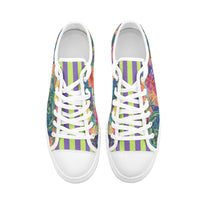 ENVERA St. Tropez floral sneakers featuring vibrant flowers, teal swirls, and purple and lime striped tongue