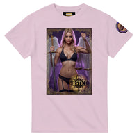 Justice Angel heavyweight unisex streetwear T-shirt featuring a powerful female winged angel holding a sword and balanced scales in a bold graphic design