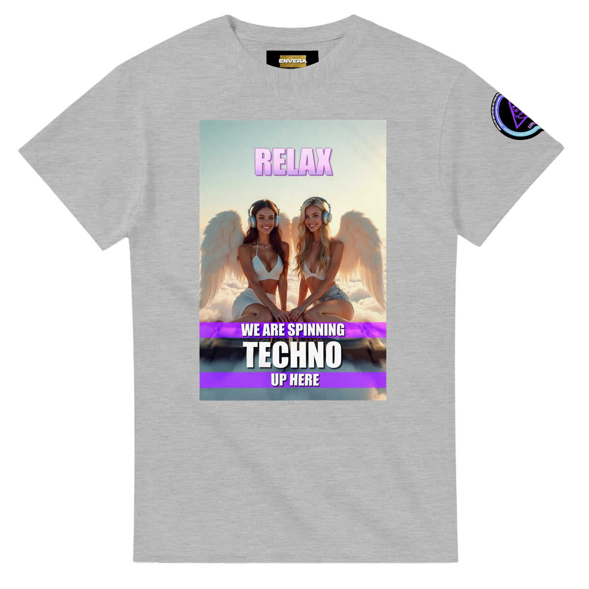 Heavenly Techno Angels unisex streetwear t-shirt featuring cloud DJ girls graphic with techno rave theme and “we are spinning techno up here” design