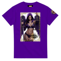 Justice Angel unisex T-shirt featuring a brunette female winged angel with sword and scales in a detailed bold graphic design