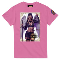 Justice Angel unisex T-shirt featuring a blonde female winged angel with sword and scales in a detailed bold graphic design