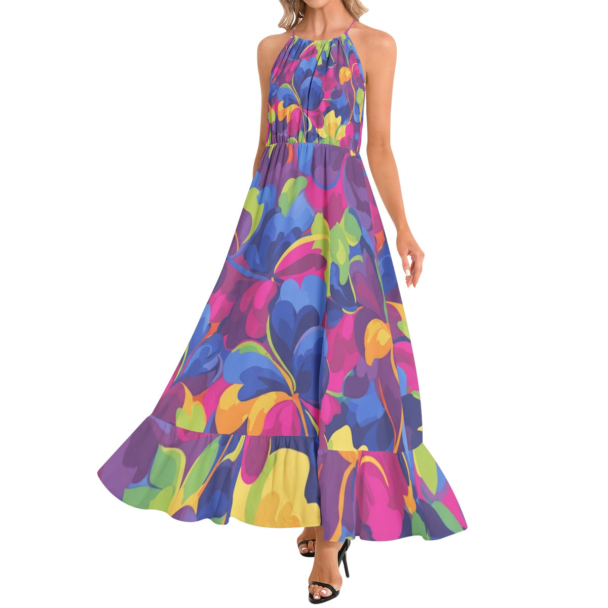 Vibrant Painterly Floral Halter Maxi Dress | Luxe Resort Maxi Dress with Flowing Silhouette & Statement Botanical Print