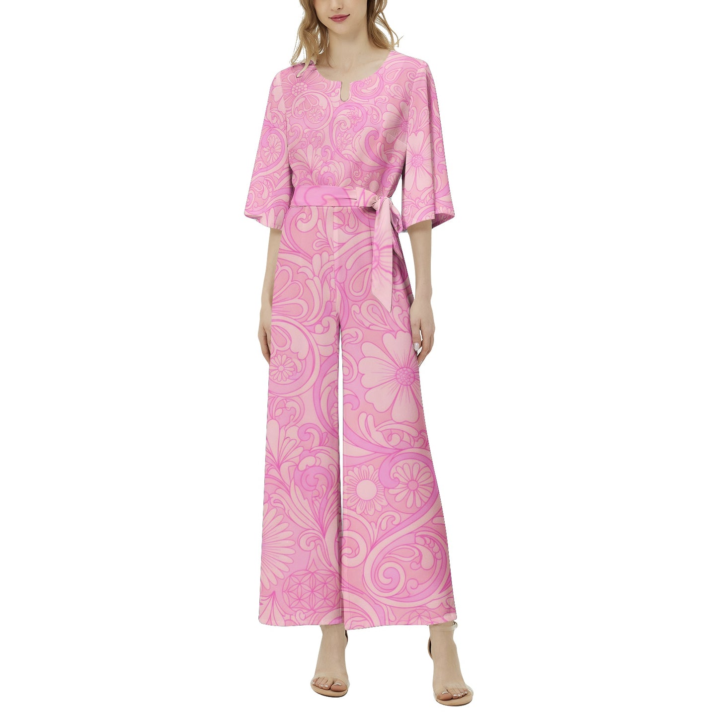 70s Inspired Ibiza Retro Peach & Pink Jumpsuit – Retro Floral Print in Peach and Pink | Wide Leg Jumpsuit | Summer Jumpsuit
