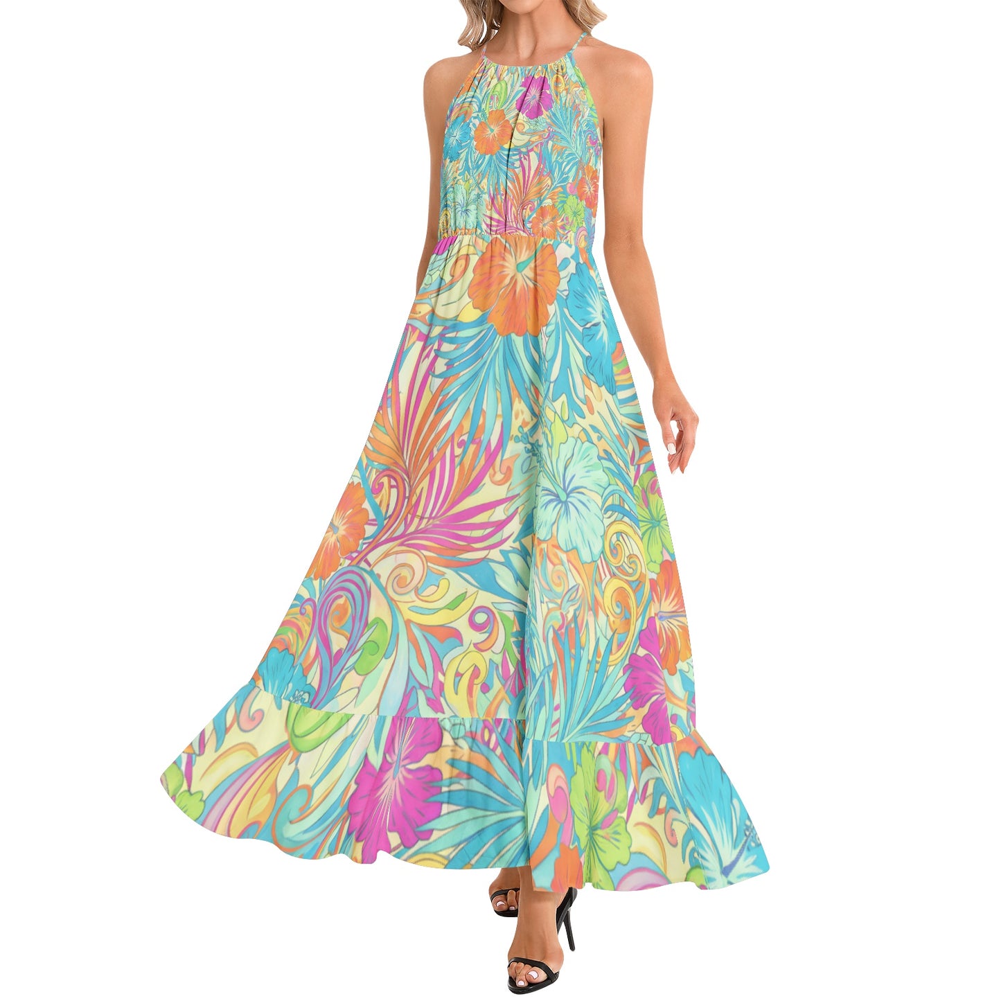 60s Inspired Tropical Hibiscus Maxi Dress in Turquoise, Orange & Hot Pink | Halter neckline Dress | Summer Dress