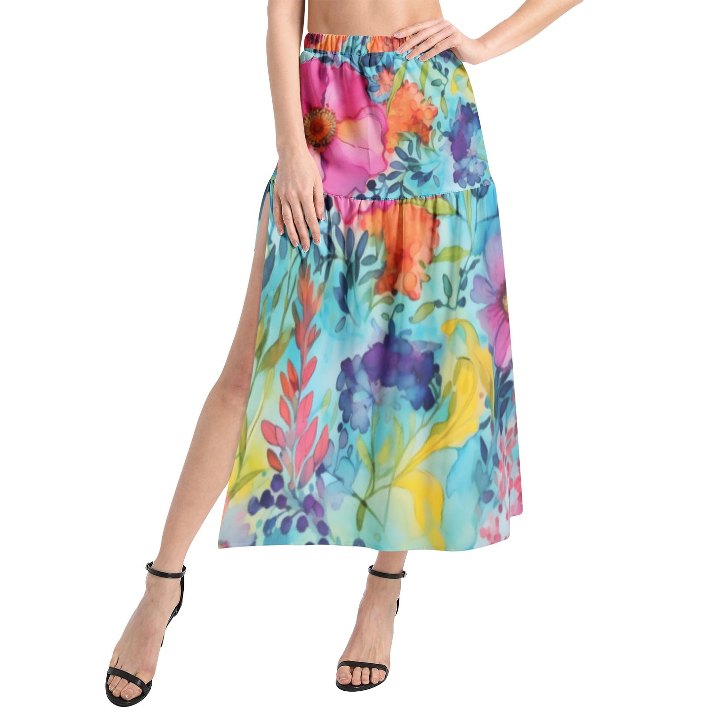 Vibrant Floral Midi Skirt with high elastic waist and thigh slit, featuring a flowy silhouette | Perfect spring and Summer Dress