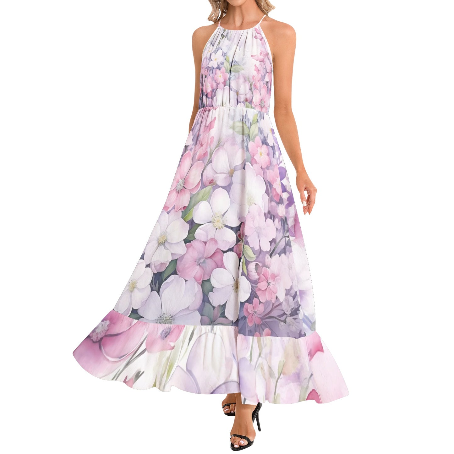Stunning, flowy floral maxi dress with a halter neckline, ruffle hem, and vibrant watercolor print for effortless summer style | Maxi Dress