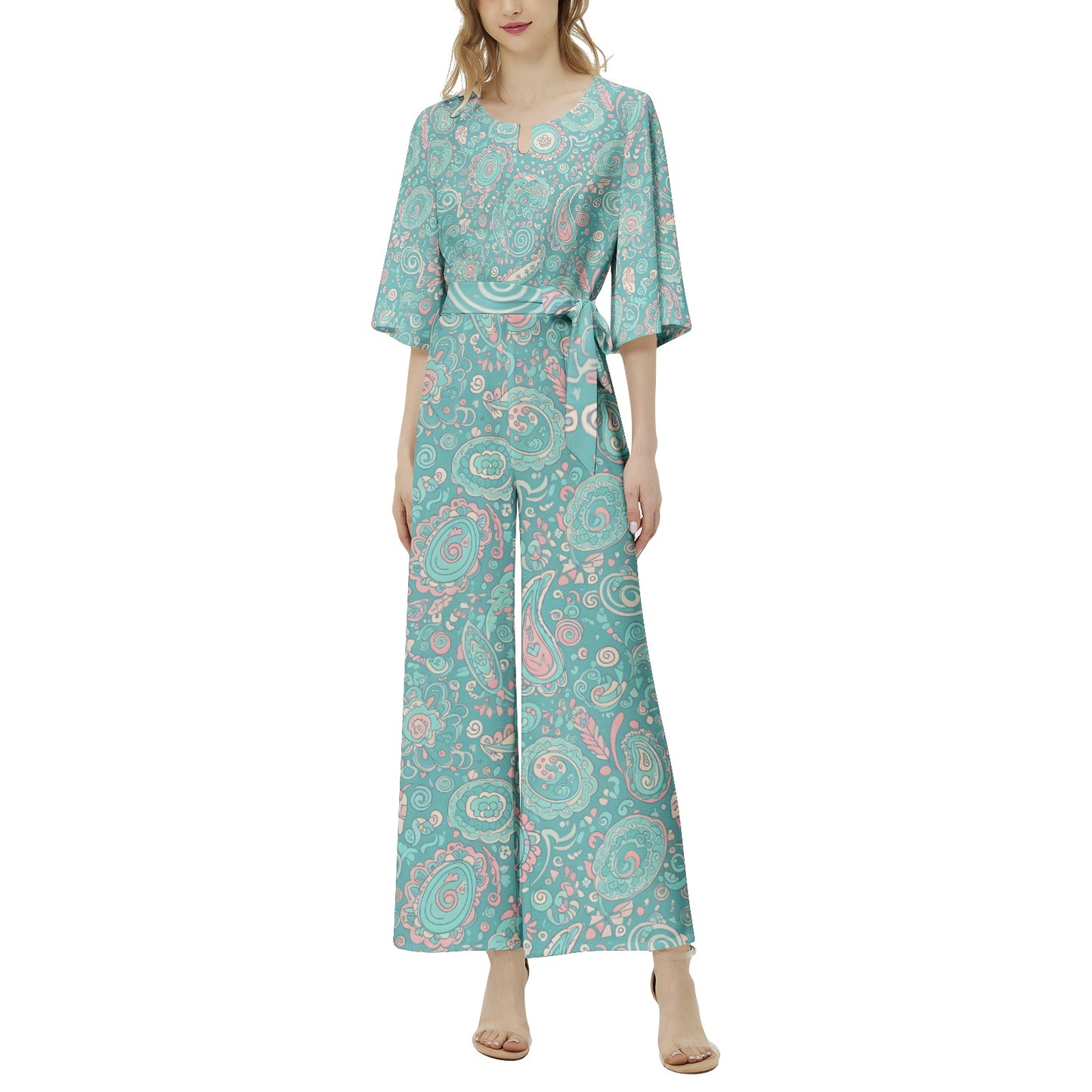 60s Ibiza Style Paisley Jumpsuit – Boho Summer Jumpsuit in Turquoise Pastel Print | Wide Leg Jumpsuit | Summer Jumpsuit | Dolman Sleeve