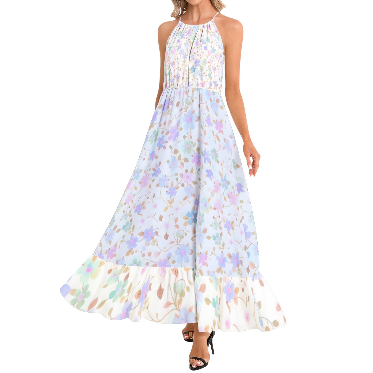 Flowy pastel floral maxi dress with halter neckline, elastic waist, and ruffle hem – perfect for effortless summer elegance | White & blue