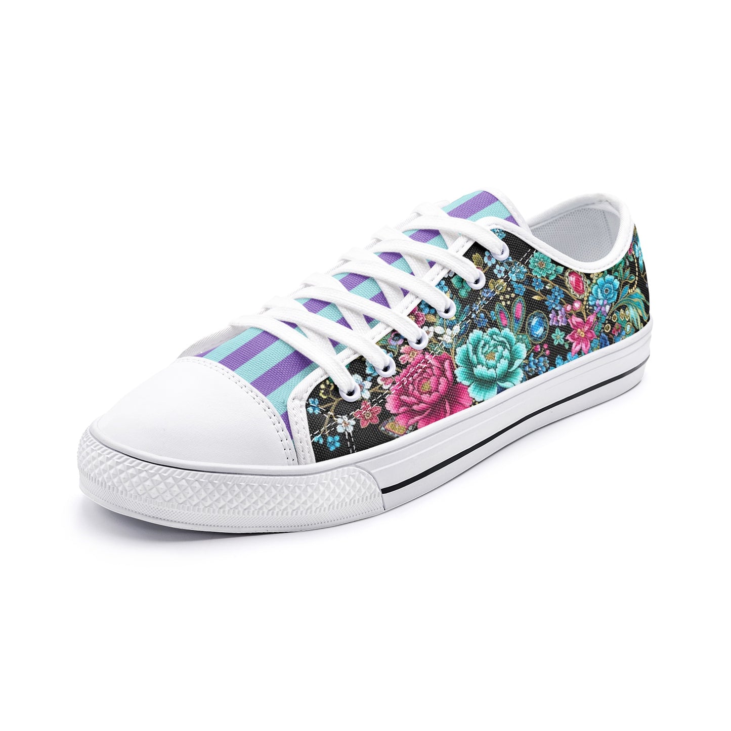 ENVERA Unisex Low Top Canvas Shoes "Midnight Bloom" | Colorful Floral Sneakers | Vibrant Floral Footwear | Vivid Designer Shoes