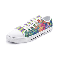 ENVERA St. Tropez floral sneakers featuring vibrant flowers, teal swirls, and purple and lime striped tongue
