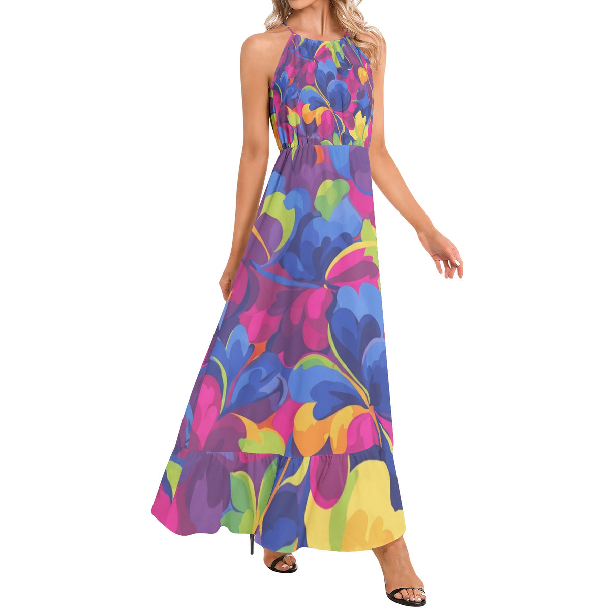 Vibrant Painterly Floral Halter Maxi Dress | Luxe Resort Maxi Dress with Flowing Silhouette & Statement Botanical Print