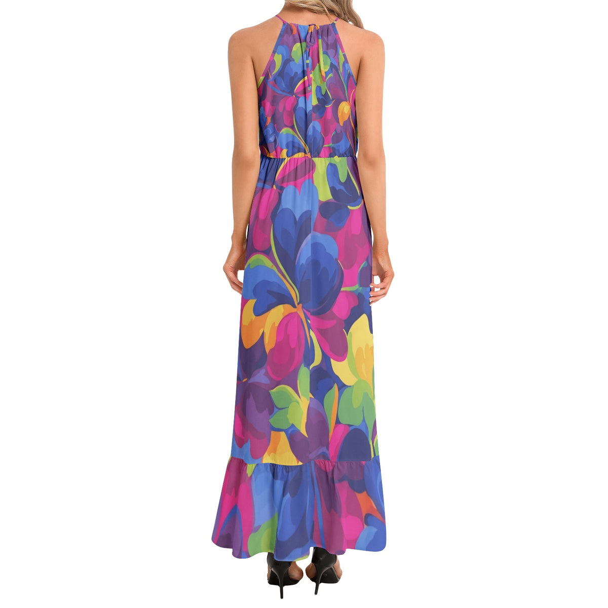 Vibrant Painterly Floral Halter Maxi Dress | Luxe Resort Maxi Dress with Flowing Silhouette & Statement Botanical Print