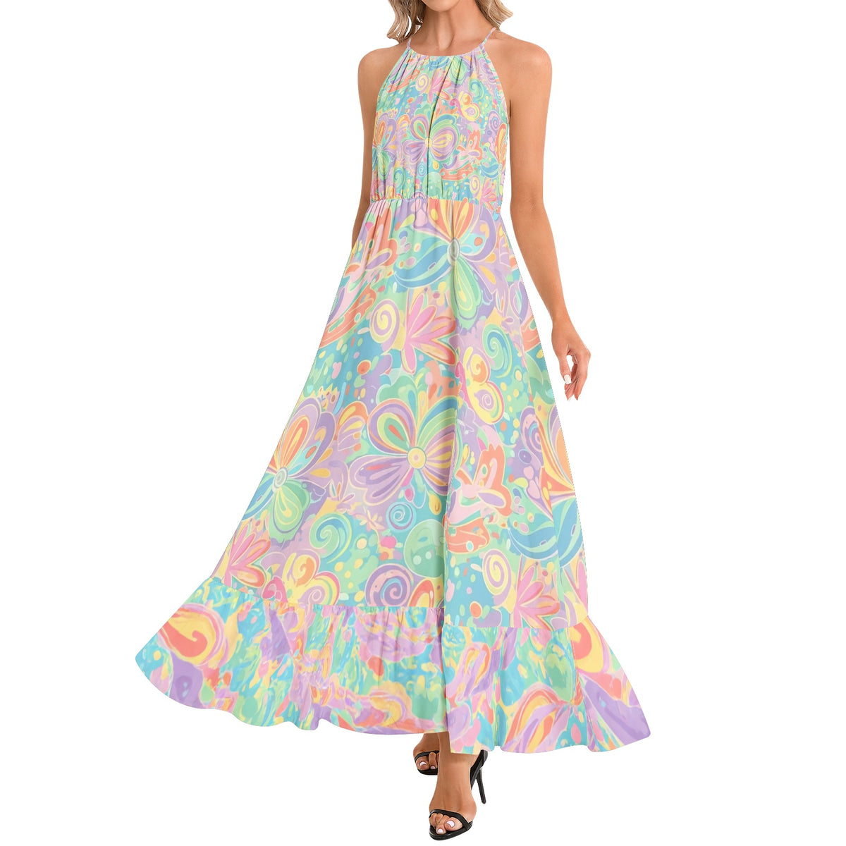 Psychedelic Floral Maxi Dress in Turquoise, Lavender & Pink | Retro 60s 70s Halter Dress | Boho Summer Dress