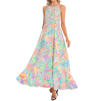 Psychedelic Floral Maxi Dress in Turquoise, Lavender & Pink | Retro 60s 70s Halter Dress | Boho Summer Dress
