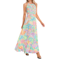 Psychedelic Floral Maxi Dress in Turquoise, Lavender & Pink | Retro 60s 70s Halter Dress | Boho Summer Dress