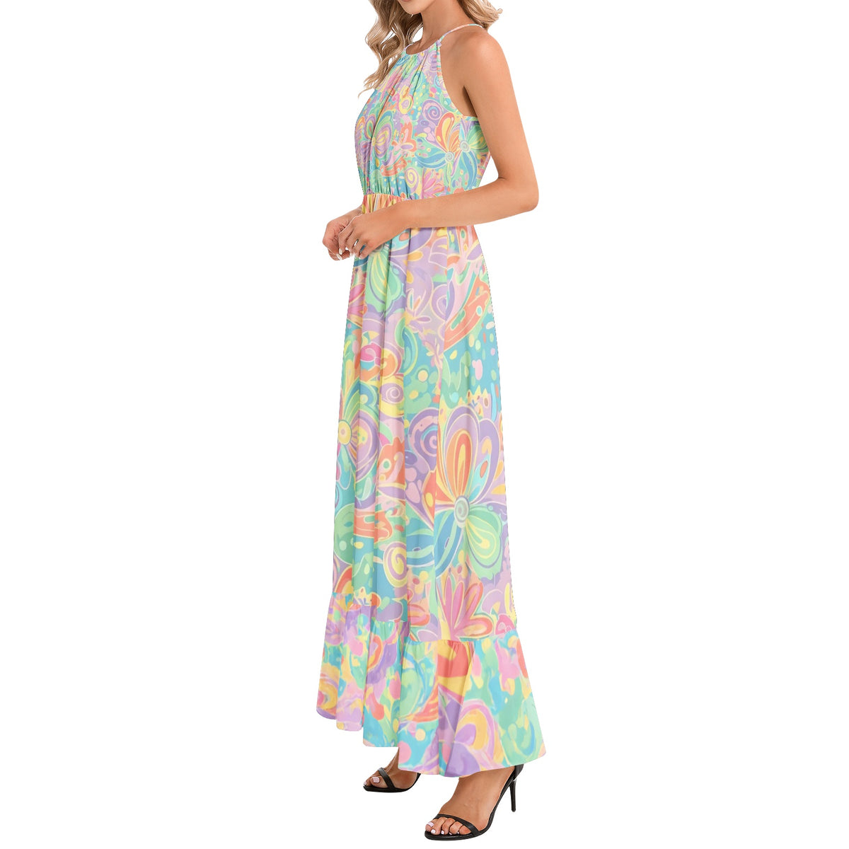 Psychedelic Floral Maxi Dress in Turquoise, Lavender & Pink | Retro 60s 70s Halter Dress | Boho Summer Dress