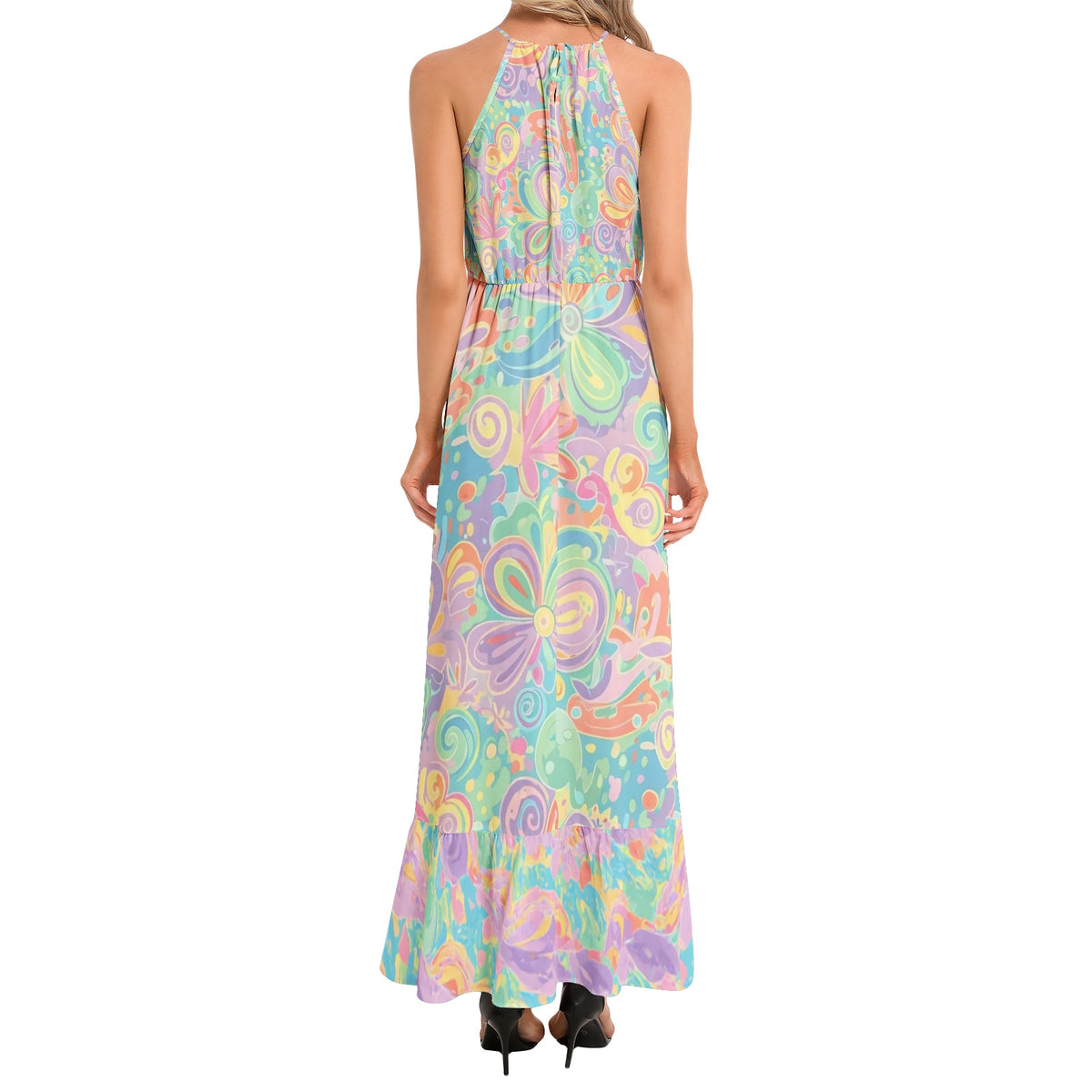 Psychedelic Floral Maxi Dress in Turquoise, Lavender & Pink | Retro 60s 70s Halter Dress | Boho Summer Dress