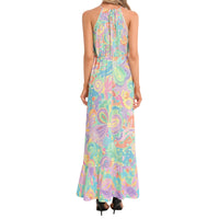 Psychedelic Floral Maxi Dress in Turquoise, Lavender & Pink | Retro 60s 70s Halter Dress | Boho Summer Dress