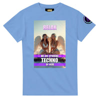 Heavenly Techno Angels unisex streetwear t-shirt featuring cloud DJ girls graphic with techno rave theme and “we are spinning techno up here” design