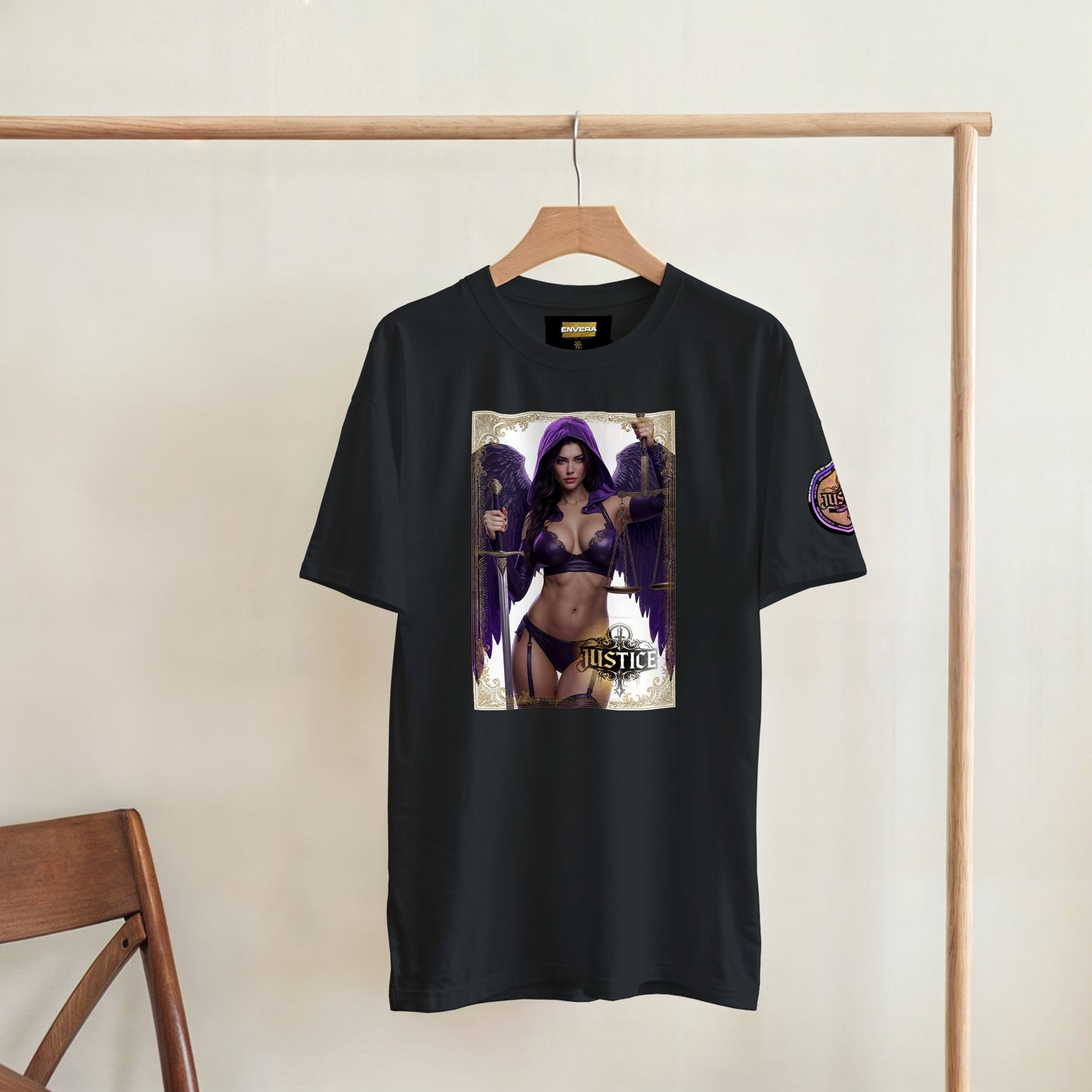 Justice Angel T-Shirt | Heavyweight unisex streetwear tee featuring sword and scales design. Bold statement piece.