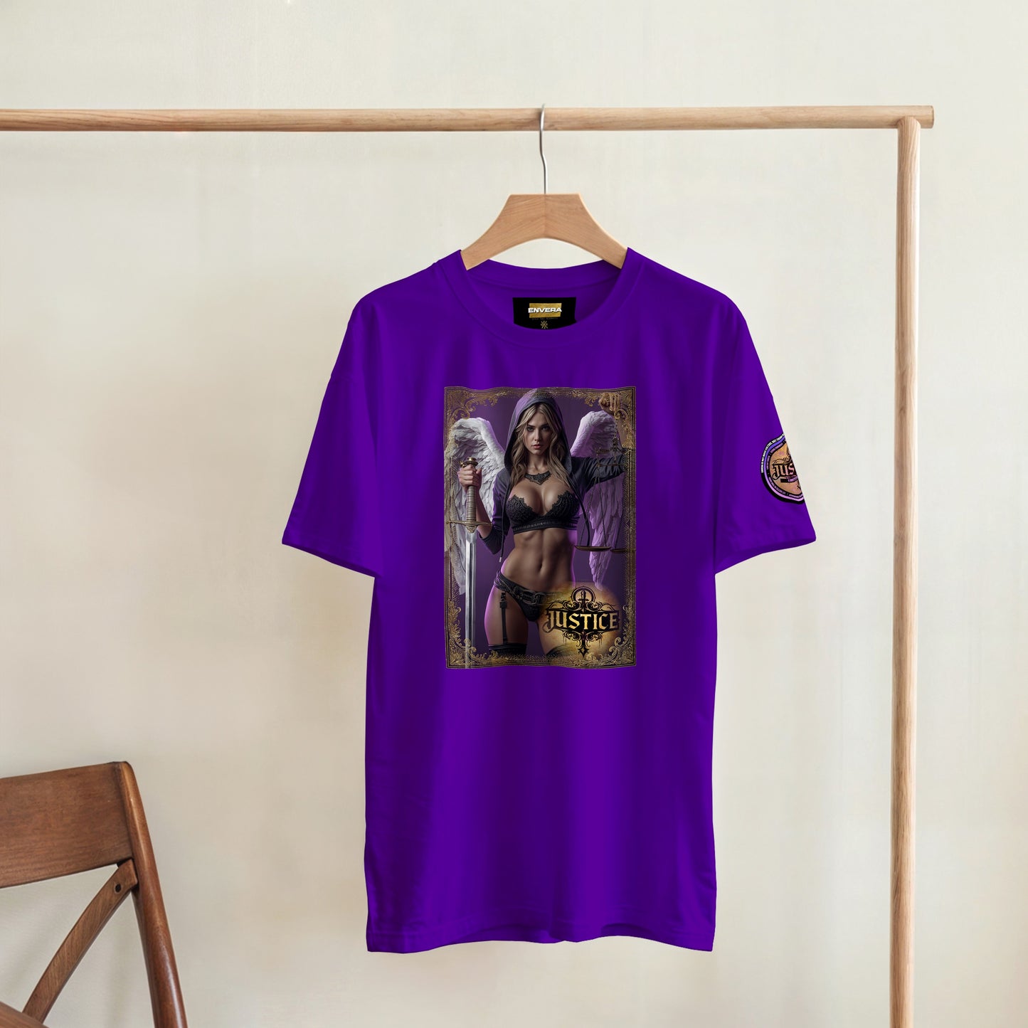 Justice Angel T-Shirt | Heavyweight unisex streetwear tee featuring sword and scales design. Bold statement piece.