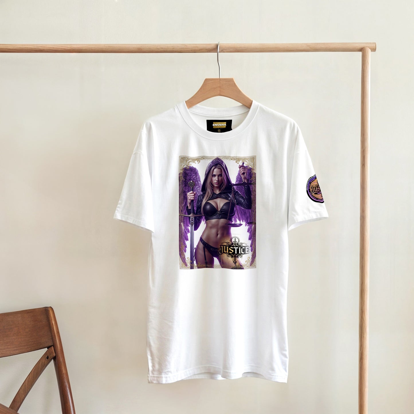 Justice Angel T-Shirt | Heavyweight unisex tee featuring ethereal angel wings cradling a sword and the scales of justice