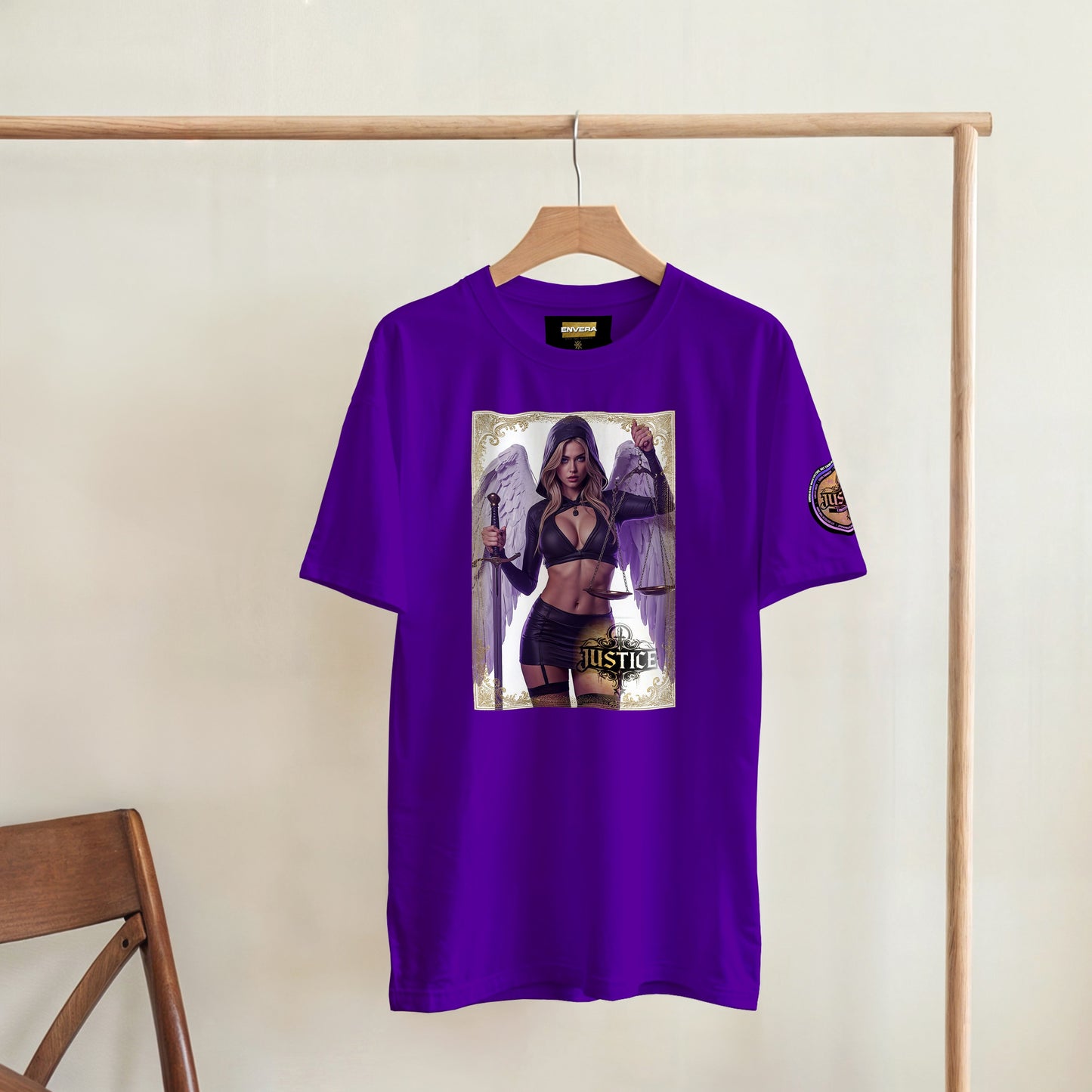Justice Angel T-Shirt | Heavyweight unisex streetwear tee featuring sword and scales design. Bold statement piece.