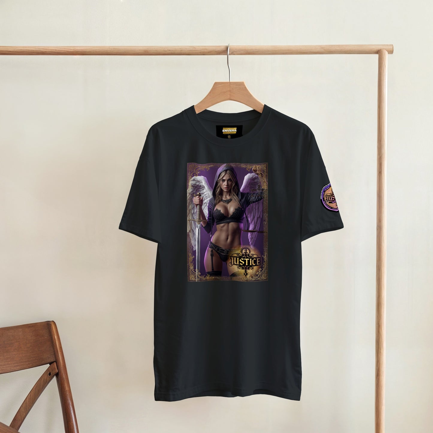 Justice Angel T-Shirt | Heavyweight unisex streetwear tee featuring sword and scales design. Bold statement piece.